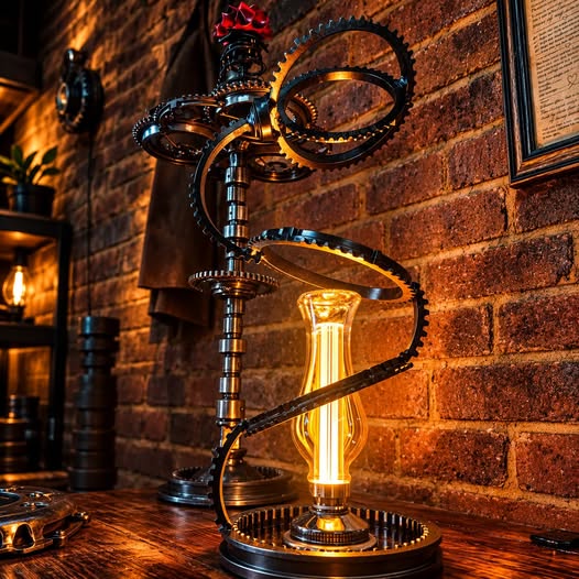 Gear-and-chain steampunk lamp with glowing Edison bulb