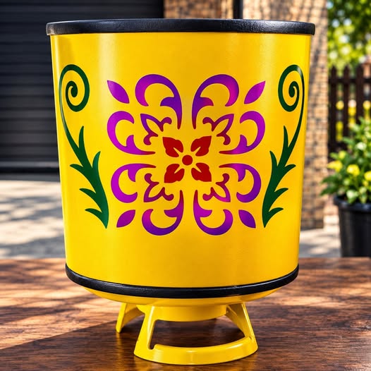 Hand airbrushed yellow metal planter with purple and green floral design